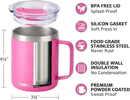 Insulated Coffee Mug with Lid, Travel Tumbler with Handle, 14 oz Stainless Steel Cup for Camping, Office, Home, Powder Coated Yellow