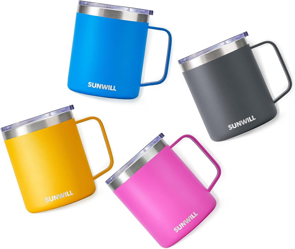Insulated Coffee Mug with Lid, Travel Tumbler with Handle, 14 oz Stainless Steel Cup for Camping, Office, Home, Powder Coated Yellow