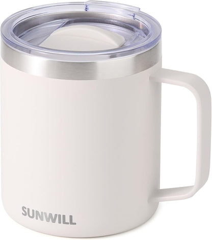Insulated Coffee Mug with Lid, Travel Tumbler with Handle, 14 oz Stainless Steel Cup for Camping, Office, Home, Powder Coated Yellow