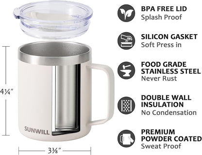 Insulated Coffee Mug with Lid, Travel Tumbler with Handle, 14 oz Stainless Steel Cup for Camping, Office, Home, Powder Coated Yellow