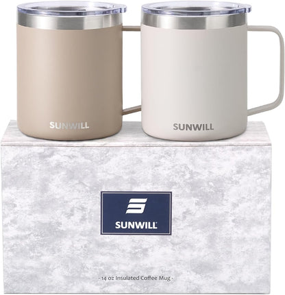 Insulated Coffee Mug with Lid, Travel Tumbler with Handle, 14 oz Stainless Steel Cup for Camping, Office, Home, Powder Coated Yellow