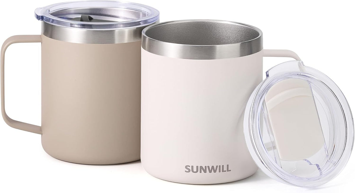 Insulated Coffee Mug with Lid, Travel Tumbler with Handle, 14 oz Stainless Steel Cup for Camping, Office, Home, Powder Coated Yellow