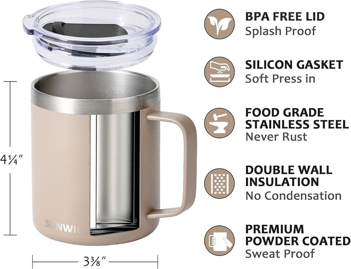 Insulated Coffee Mug with Lid, Travel Tumbler with Handle, 14 oz Stainless Steel Cup for Camping, Office, Home, Powder Coated Yellow