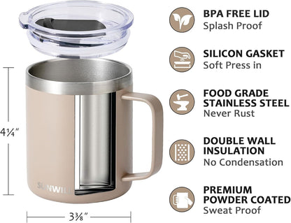 Insulated Coffee Mug with Lid, Travel Tumbler with Handle, 14 oz Stainless Steel Cup for Camping, Office, Home, Powder Coated Yellow