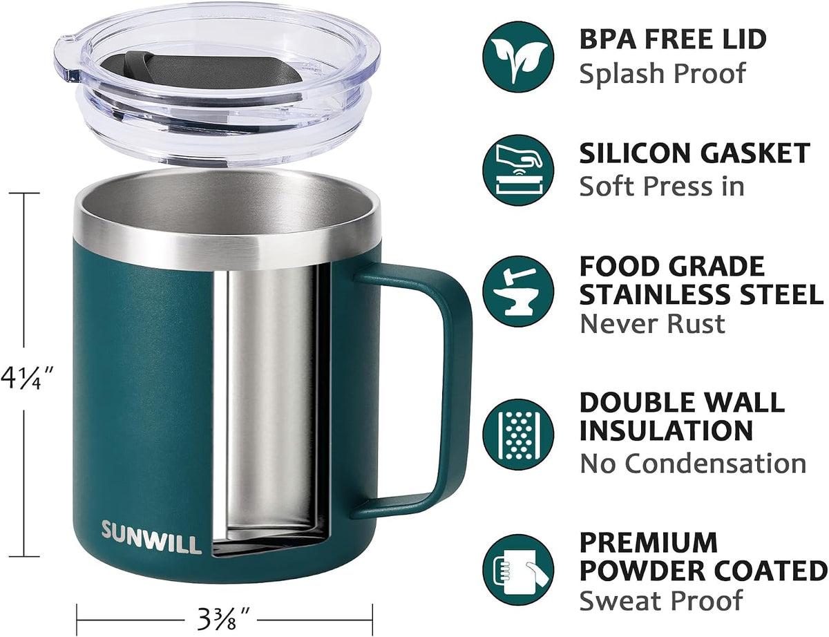 Insulated Coffee Mug with Lid, Travel Tumbler with Handle, 14 oz Stainless Steel Cup for Camping, Office, Home, Powder Coated Yellow