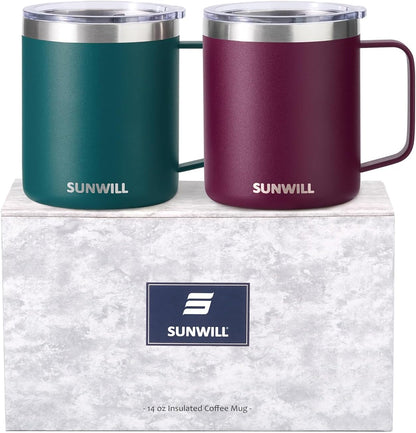 Insulated Coffee Mug with Lid, Travel Tumbler with Handle, 14 oz Stainless Steel Cup for Camping, Office, Home, Powder Coated Yellow