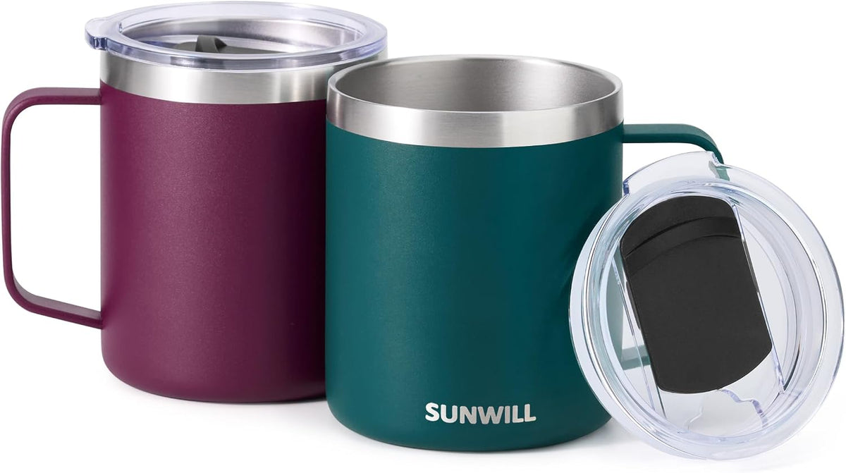 Insulated Coffee Mug with Lid, Travel Tumbler with Handle, 14 oz Stainless Steel Cup for Camping, Office, Home, Powder Coated Yellow