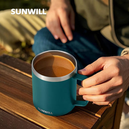 Insulated Coffee Mug with Lid, Travel Tumbler with Handle, 14 oz Stainless Steel Cup for Camping, Office, Home, Powder Coated Yellow