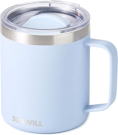 Insulated Coffee Mug with Lid, Travel Tumbler with Handle, 14 oz Stainless Steel Cup for Camping, Office, Home, Powder Coated Yellow