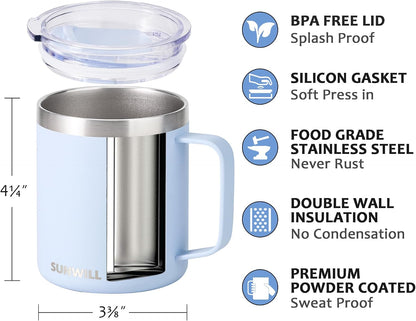 Insulated Coffee Mug with Lid, Travel Tumbler with Handle, 14 oz Stainless Steel Cup for Camping, Office, Home, Powder Coated Yellow