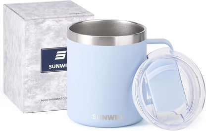 Insulated Coffee Mug with Lid, Travel Tumbler with Handle, 14 oz Stainless Steel Cup for Camping, Office, Home, Powder Coated Yellow