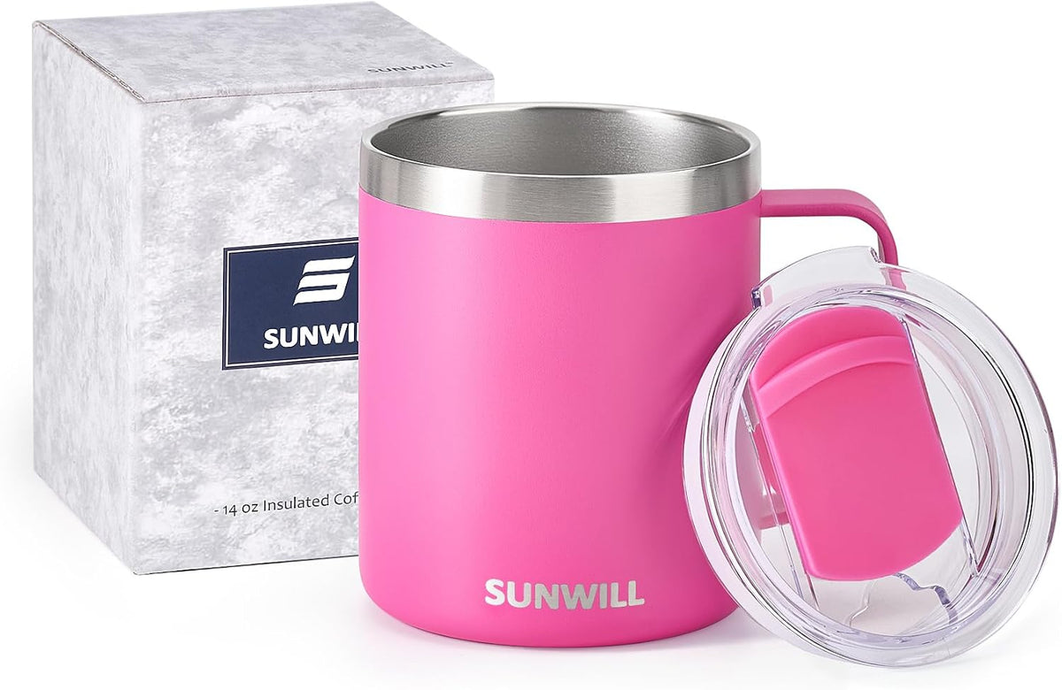 Insulated Coffee Mug with Lid, Travel Tumbler with Handle, 14 oz Stainless Steel Cup for Camping, Office, Home, Powder Coated Yellow
