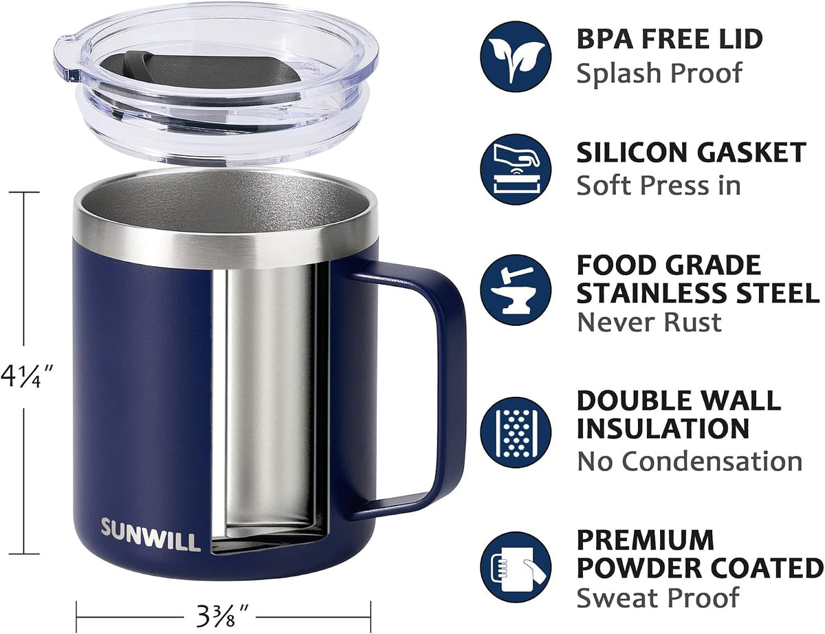 Insulated Coffee Mug with Lid, Travel Tumbler with Handle, 14 oz Stainless Steel Cup for Camping, Office, Home, Powder Coated Yellow