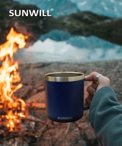 Insulated Coffee Mug with Lid, Travel Tumbler with Handle, 14 oz Stainless Steel Cup for Camping, Office, Home, Powder Coated Yellow