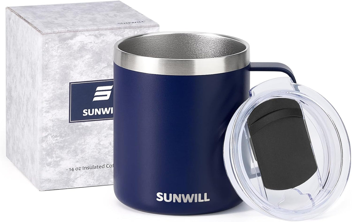 Insulated Coffee Mug with Lid, Travel Tumbler with Handle, 14 oz Stainless Steel Cup for Camping, Office, Home, Powder Coated Yellow