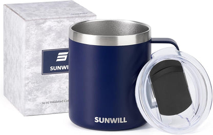 Insulated Coffee Mug with Lid, Travel Tumbler with Handle, 14 oz Stainless Steel Cup for Camping, Office, Home, Powder Coated Yellow