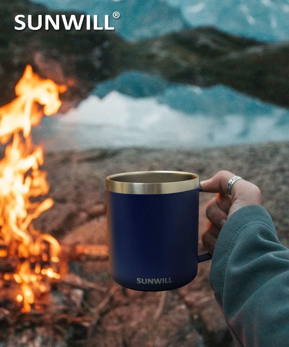 Insulated Coffee Mug with Lid, Travel Tumbler with Handle, 14 oz Stainless Steel Cup for Camping, Office, Home, Powder Coated Yellow