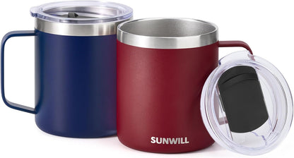 Insulated Coffee Mug with Lid, Travel Tumbler with Handle, 14 oz Stainless Steel Cup for Camping, Office, Home, Powder Coated Yellow