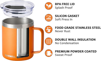 Insulated Coffee Mug with Lid, Travel Tumbler with Handle, 14 oz Stainless Steel Cup for Camping, Office, Home, Powder Coated Yellow