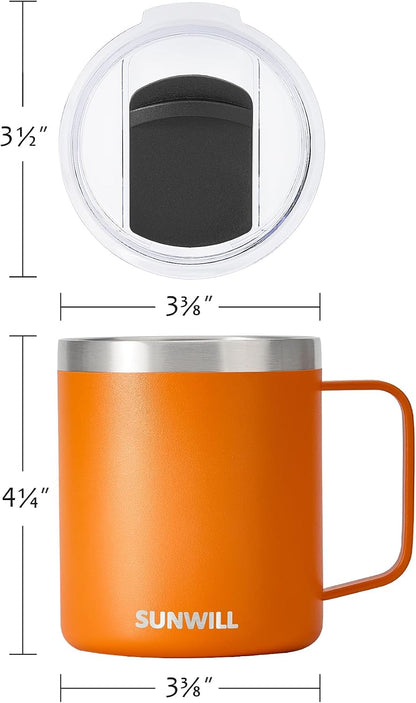 Insulated Coffee Mug with Lid, Travel Tumbler with Handle, 14 oz Stainless Steel Cup for Camping, Office, Home, Powder Coated Yellow