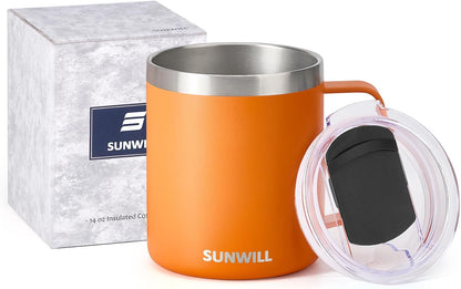 Insulated Coffee Mug with Lid, Travel Tumbler with Handle, 14 oz Stainless Steel Cup for Camping, Office, Home, Powder Coated Yellow