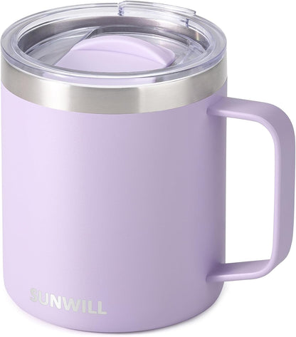 Insulated Coffee Mug with Lid, Travel Tumbler with Handle, 14 oz Stainless Steel Cup for Camping, Office, Home, Powder Coated Yellow