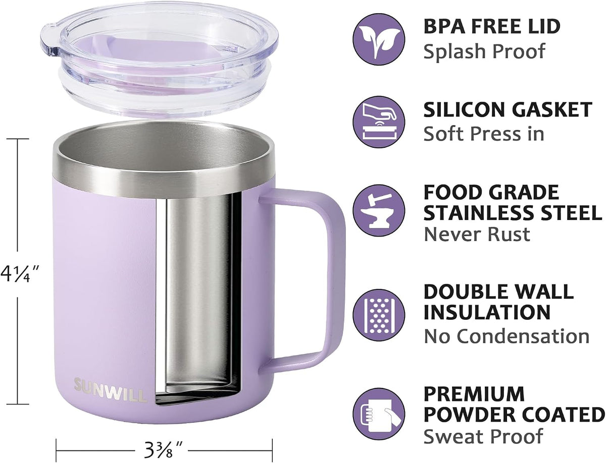 Insulated Coffee Mug with Lid, Travel Tumbler with Handle, 14 oz Stainless Steel Cup for Camping, Office, Home, Powder Coated Yellow