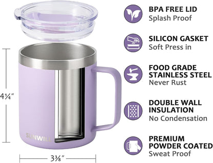 Insulated Coffee Mug with Lid, Travel Tumbler with Handle, 14 oz Stainless Steel Cup for Camping, Office, Home, Powder Coated Yellow