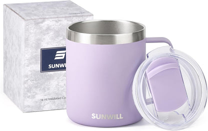 Insulated Coffee Mug with Lid, Travel Tumbler with Handle, 14 oz Stainless Steel Cup for Camping, Office, Home, Powder Coated Yellow