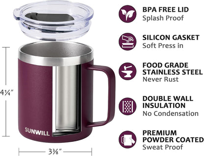 Insulated Coffee Mug with Lid, Travel Tumbler with Handle, 14 oz Stainless Steel Cup for Camping, Office, Home, Powder Coated Yellow