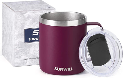Insulated Coffee Mug with Lid, Travel Tumbler with Handle, 14 oz Stainless Steel Cup for Camping, Office, Home, Powder Coated Yellow