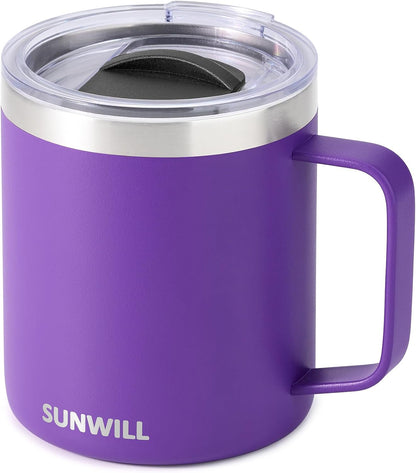 Insulated Coffee Mug with Lid, Travel Tumbler with Handle, 14 oz Stainless Steel Cup for Camping, Office, Home, Powder Coated Yellow