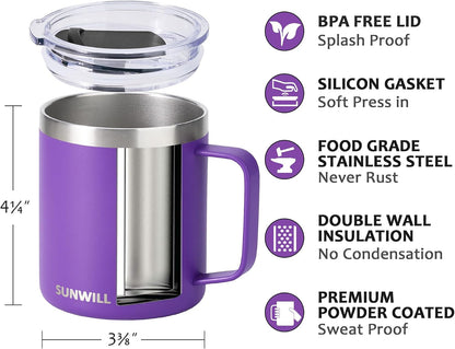 Insulated Coffee Mug with Lid, Travel Tumbler with Handle, 14 oz Stainless Steel Cup for Camping, Office, Home, Powder Coated Yellow