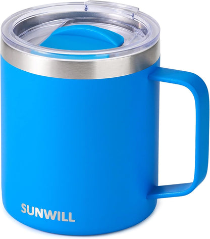 Insulated Coffee Mug with Lid, Travel Tumbler with Handle, 14 oz Stainless Steel Cup for Camping, Office, Home, Powder Coated Yellow
