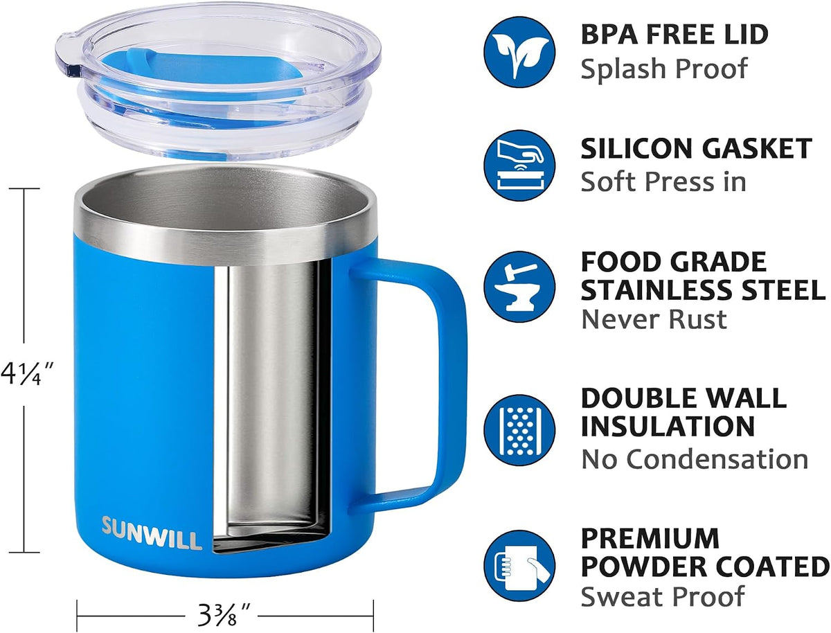 Insulated Coffee Mug with Lid, Travel Tumbler with Handle, 14 oz Stainless Steel Cup for Camping, Office, Home, Powder Coated Yellow