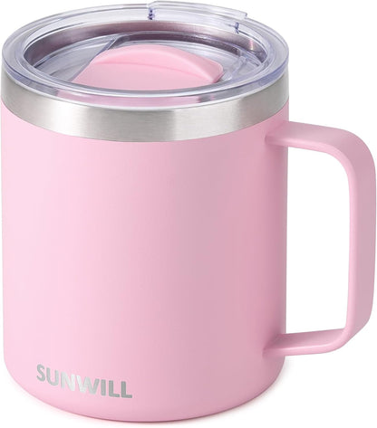 Insulated Coffee Mug with Lid, Travel Tumbler with Handle, 14 oz Stainless Steel Cup for Camping, Office, Home, Powder Coated Yellow
