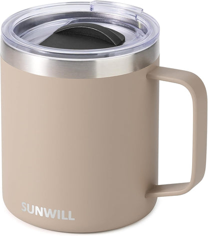 Insulated Coffee Mug with Lid, Travel Tumbler with Handle, 14 oz Stainless Steel Cup for Camping, Office, Home, Powder Coated Yellow