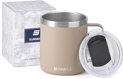 Insulated Coffee Mug with Lid, Travel Tumbler with Handle, 14 oz Stainless Steel Cup for Camping, Office, Home, Powder Coated Yellow
