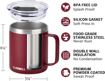 Insulated Coffee Mug with Lid, Travel Tumbler with Handle, 14 oz Stainless Steel Cup for Camping, Office, Home, Powder Coated Yellow