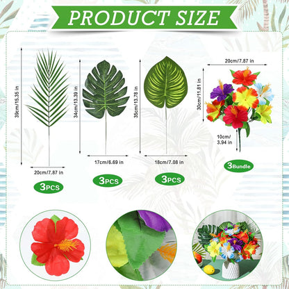 12 Pcs Hawaiian Flower Centerpieces for Tables Artificial Palm Leaves Fake Hibiscus Flowers Tropical Party Decorations Supplies for Luau Safari Jungle Beach BBQ Theme Party Birthday Table Decor