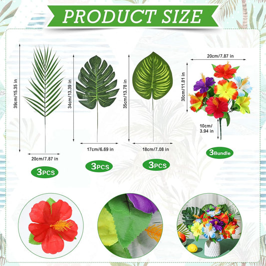 12 Pcs Hawaiian Flower Centerpieces for Tables Artificial Palm Leaves Fake Hibiscus Flowers Tropical Party Decorations Supplies for Luau Safari Jungle Beach BBQ Theme Party Birthday Table Decor