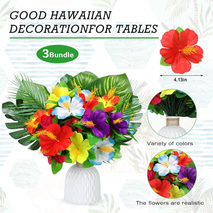12 Pcs Hawaiian Flower Centerpieces for Tables Artificial Palm Leaves Fake Hibiscus Flowers Tropical Party Decorations Supplies for Luau Safari Jungle Beach BBQ Theme Party Birthday Table Decor
