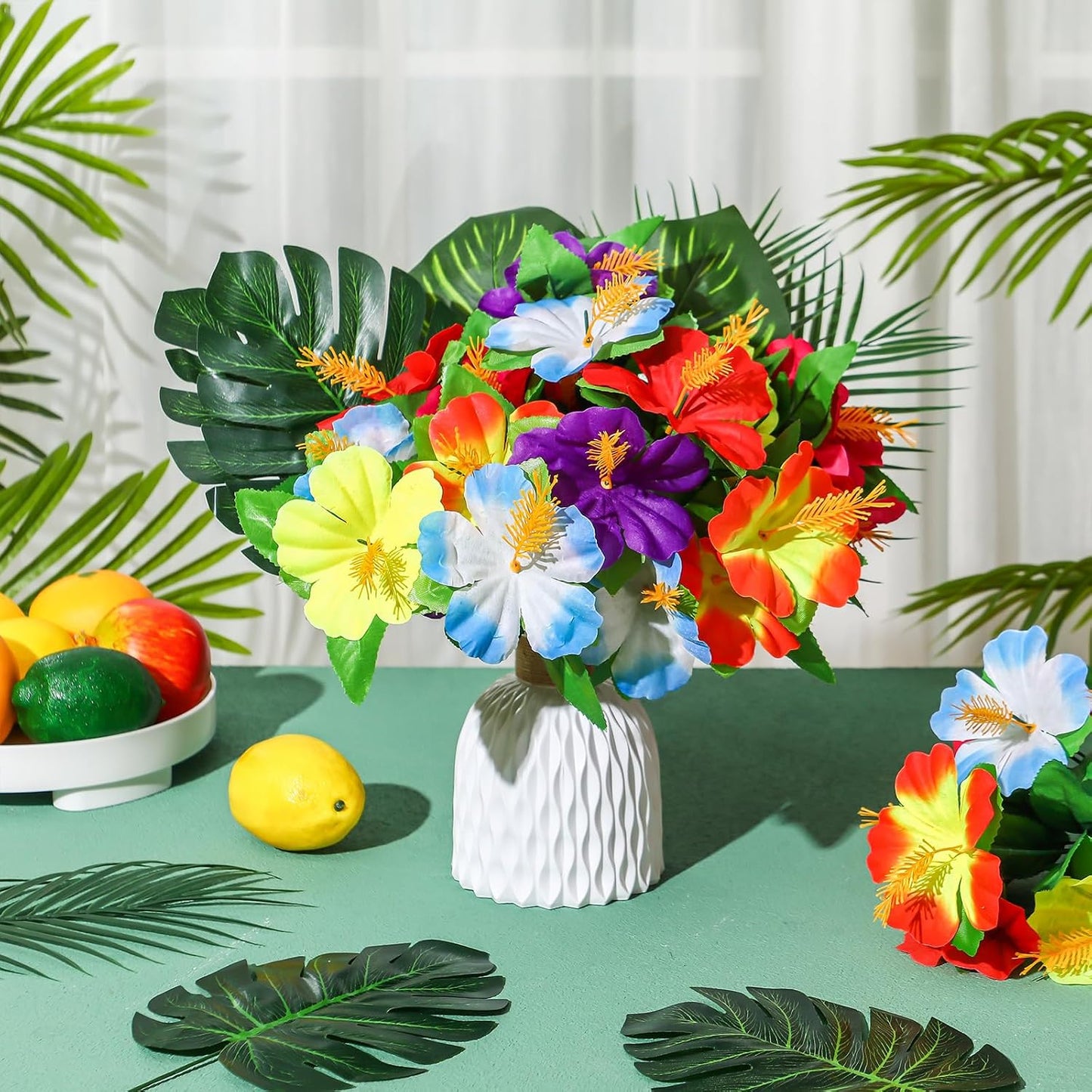 12 Pcs Hawaiian Flower Centerpieces for Tables Artificial Palm Leaves Fake Hibiscus Flowers Tropical Party Decorations Supplies for Luau Safari Jungle Beach BBQ Theme Party Birthday Table Decor