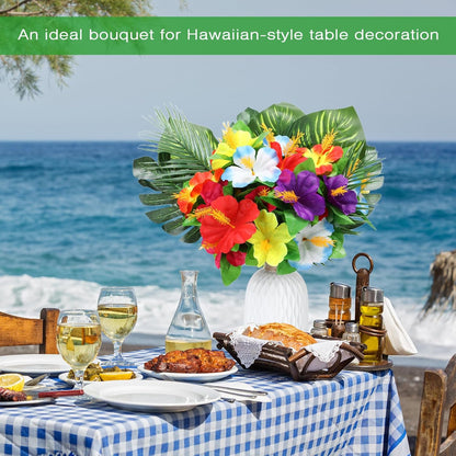 12 Pcs Hawaiian Flower Centerpieces for Tables Artificial Palm Leaves Fake Hibiscus Flowers Tropical Party Decorations Supplies for Luau Safari Jungle Beach BBQ Theme Party Birthday Table Decor