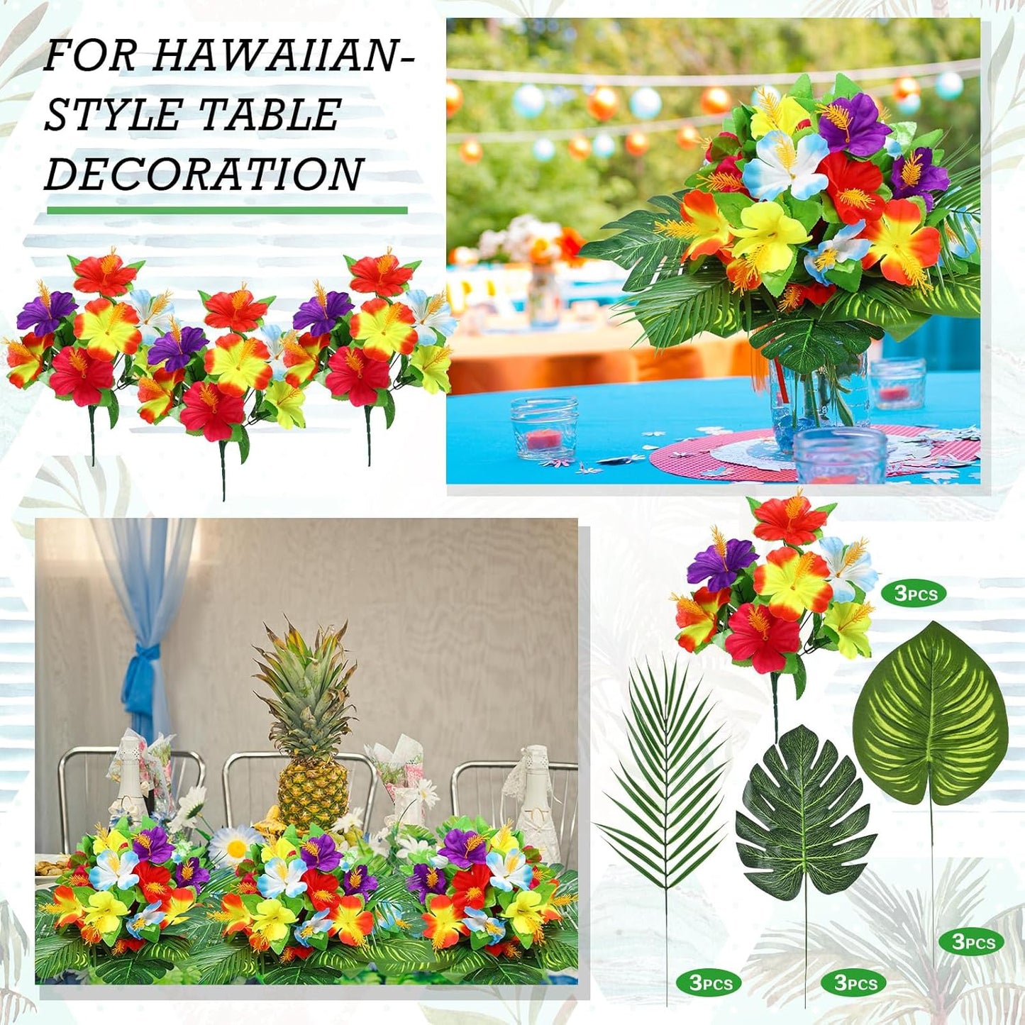 12 Pcs Hawaiian Flower Centerpieces for Tables Artificial Palm Leaves Fake Hibiscus Flowers Tropical Party Decorations Supplies for Luau Safari Jungle Beach BBQ Theme Party Birthday Table Decor