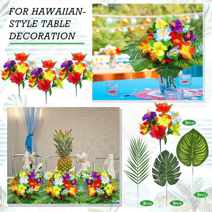 12 Pcs Hawaiian Flower Centerpieces for Tables Artificial Palm Leaves Fake Hibiscus Flowers Tropical Party Decorations Supplies for Luau Safari Jungle Beach BBQ Theme Party Birthday Table Decor
