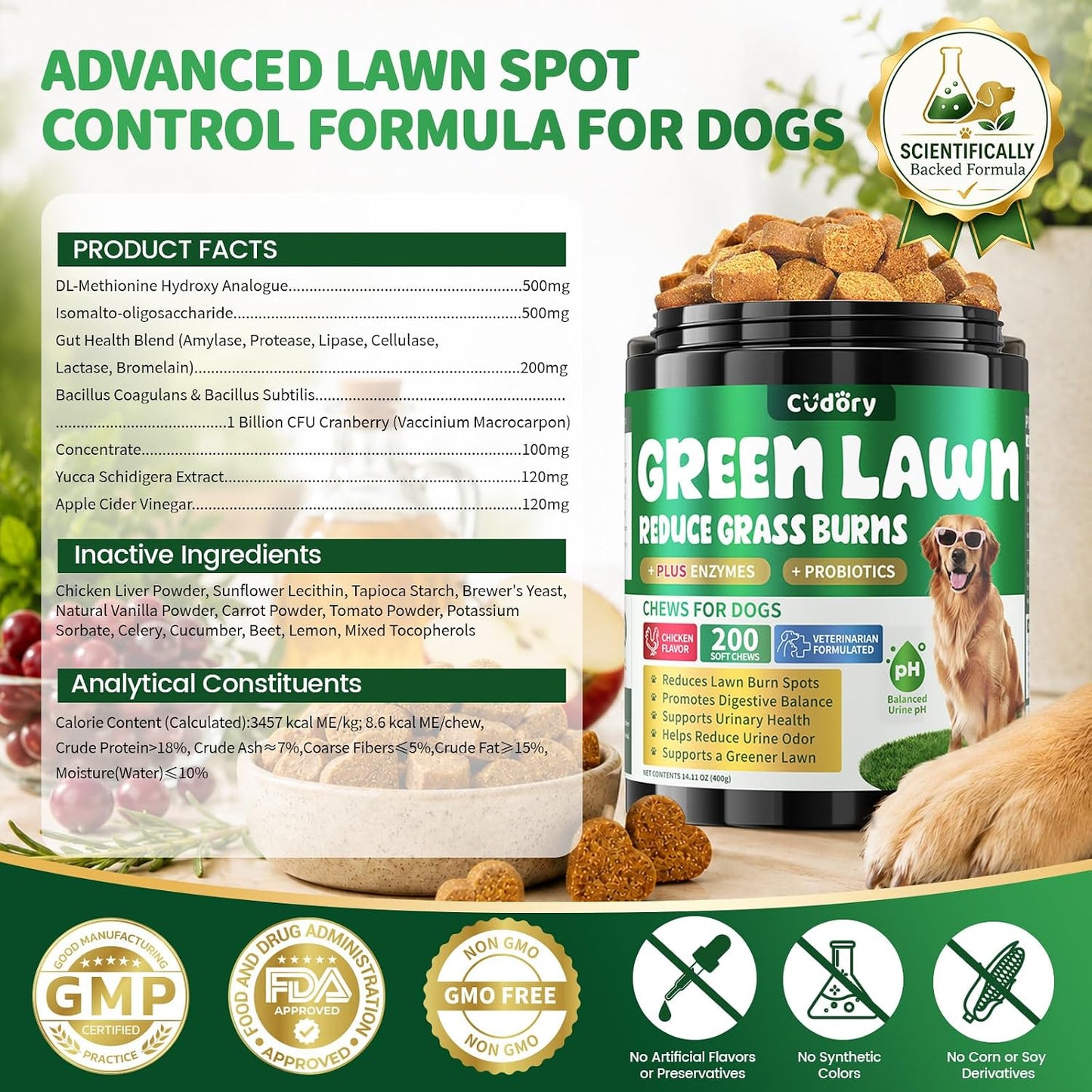Dog Urine Neutralizer for Lawn - Green Grass Chews for Dogs, 200 Chew Female Pee Grass Burn Spot by Dog Urine, Gut Health Probiotics & Enzymes, Helps Yard Stay Green, with Cranberry for Urinary Tract