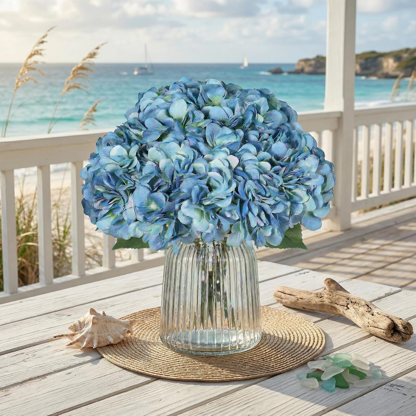 2Bouquets Artificial Fake Flowers Silk Hydrangea Arrangements Wedding Bouquets Decorations Plastic Floral Home Kitchen Garden Party Festival Bar DIY (Navy Blue)