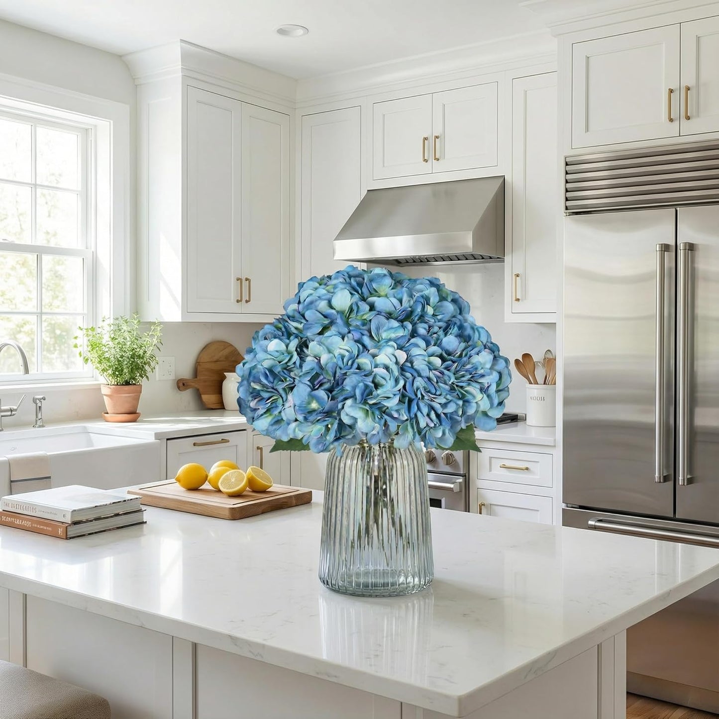 2Bouquets Artificial Fake Flowers Silk Hydrangea Arrangements Wedding Bouquets Decorations Plastic Floral Home Kitchen Garden Party Festival Bar DIY (Navy Blue)