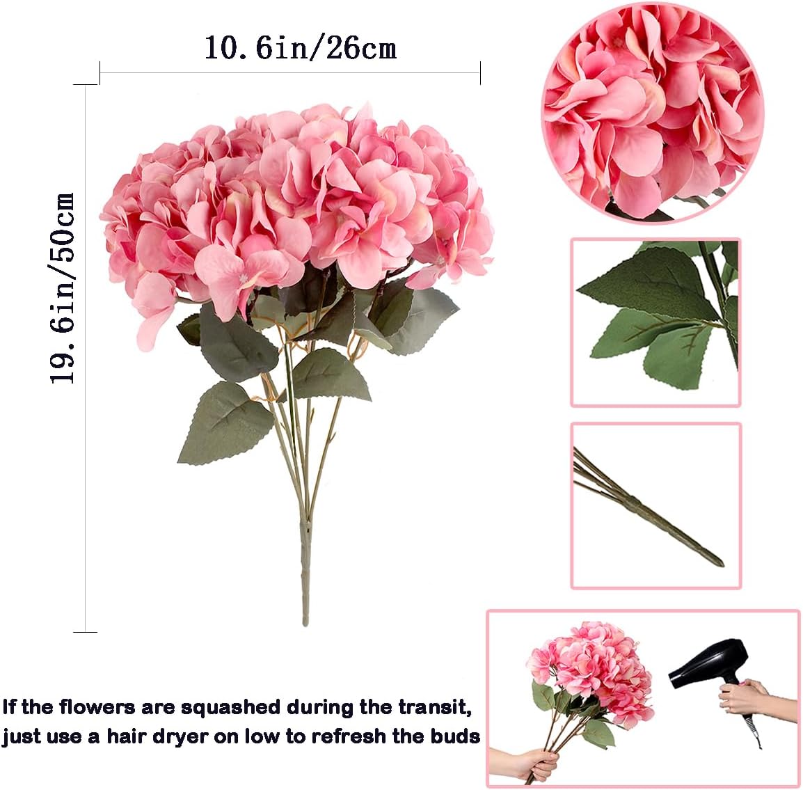 2Bouquets Artificial Fake Flowers Silk Hydrangea Arrangements Wedding Bouquets Decorations Plastic Floral Home Kitchen Garden Party Festival Bar DIY (Navy Blue)